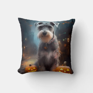 Halloween Schnauzer With Pumpkins Scary Cushion