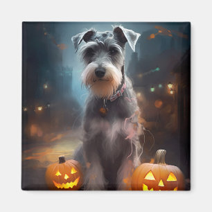 Halloween Schnauzer With Pumpkins Scary Magnet
