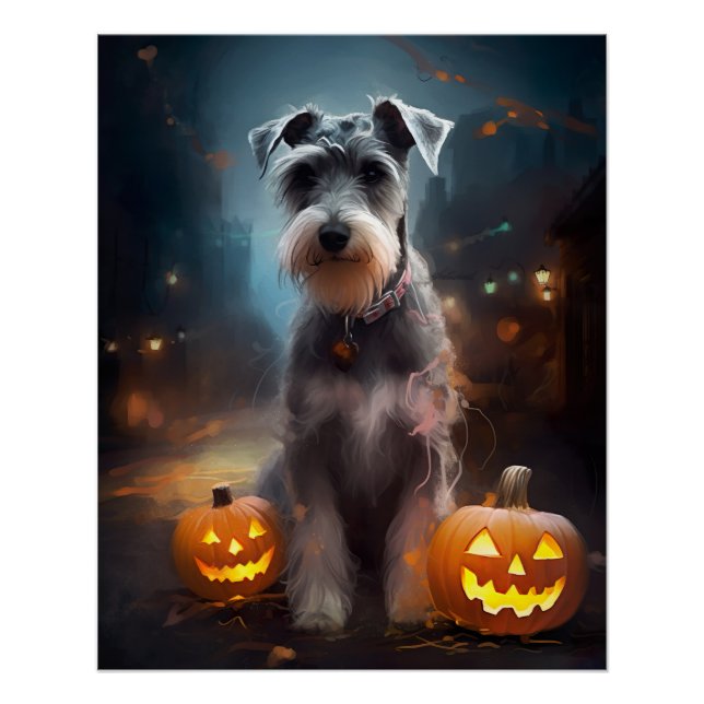 Halloween Schnauzer With Pumpkins Scary Poster (Front)