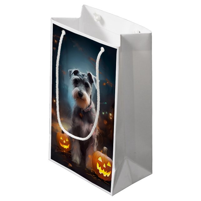 Halloween Schnauzer With Pumpkins Scary Small Gift Bag (Front Angled)