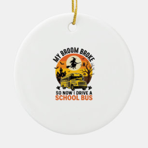Halloween School Bus Witch Vintage Teacher Design_ Ceramic Ornament
