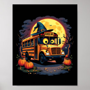 Halloween School Bus With Witch Hat And Pumpkins S Poster