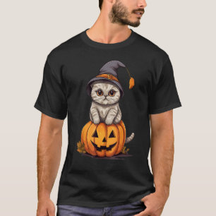 Halloween Scottish Fold Cat Witch Hat Pumpkin T-Shirt