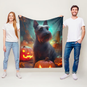 Halloween Scottish Terrier With Pumpkins Scary  Fleece Blanket