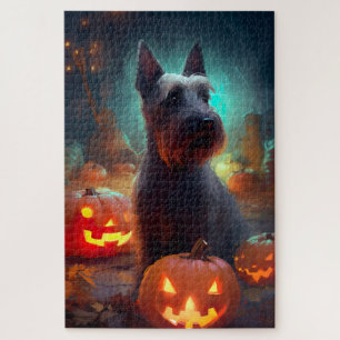 Halloween Scottish Terrier With Pumpkins Scary  Jigsaw Puzzle