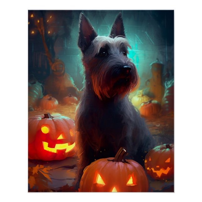 Halloween Scottish Terrier With Pumpkins Scary  Poster (Front)