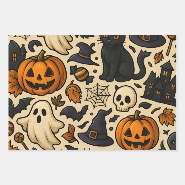 Halloween Seamless Pattern – Pumpkins, Ghosts, Cat Wrapping Paper Sheet (Front)