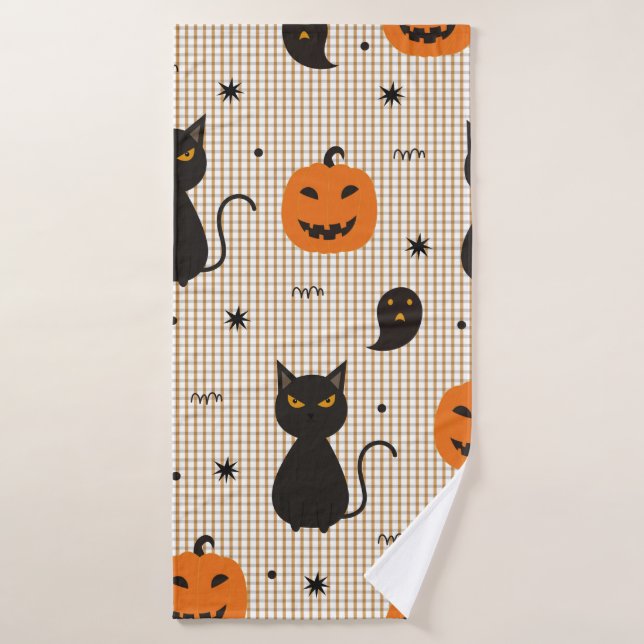 Halloween seamless pattern with black cat and ghos bath towel (Bath Towel)