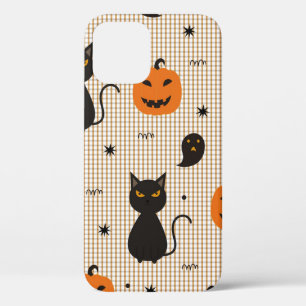 Halloween seamless pattern with black cat and ghos iPhone 12 case