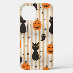 Halloween seamless pattern with black cat and ghos iPhone 12 case
