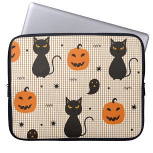 Halloween seamless pattern with black cat and ghos laptop sleeve