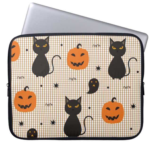 Halloween seamless pattern with black cat and ghos laptop sleeve (Front)