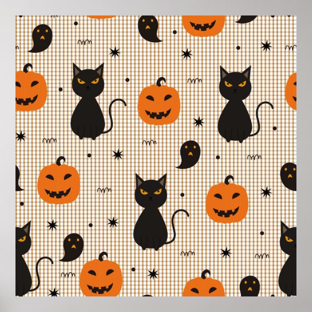 Halloween seamless pattern with black cat and ghos poster (Front)