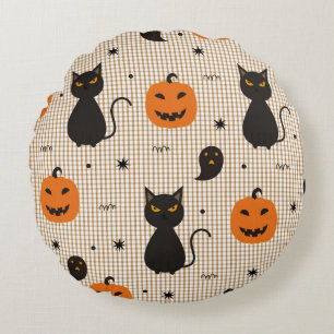 Halloween seamless pattern with black cat and ghos round cushion