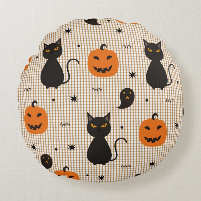Halloween seamless pattern with black cat and ghos round cushion (Front)