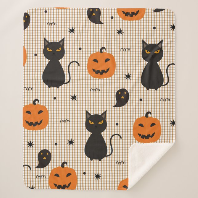 Halloween seamless pattern with black cat and ghos sherpa blanket (Front)