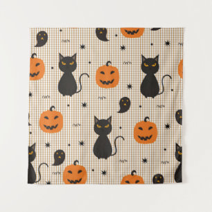 Halloween seamless pattern with black cat and ghos tapestry