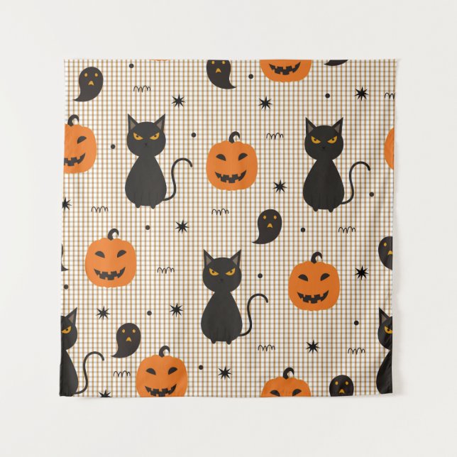 Halloween seamless pattern with black cat and ghos tapestry (Front)