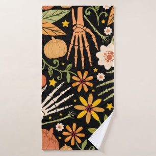 Halloween seamless pattern with bones and floral e bath towel