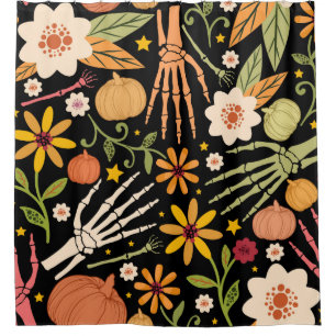 Halloween seamless pattern with bones and floral e shower curtain