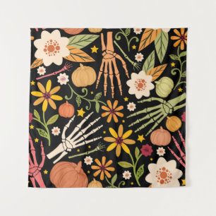 Halloween seamless pattern with bones and floral e tapestry