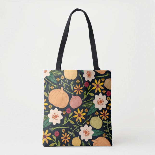 Halloween seamless pattern with flowers,pumpkins a tote bag (Front)