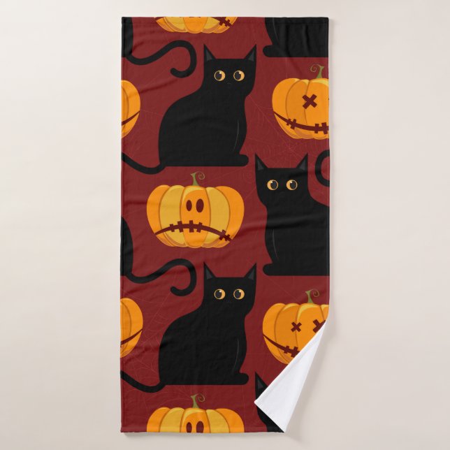 Halloween seamless pattern with pumpkins and black bath towel (Bath Towel)