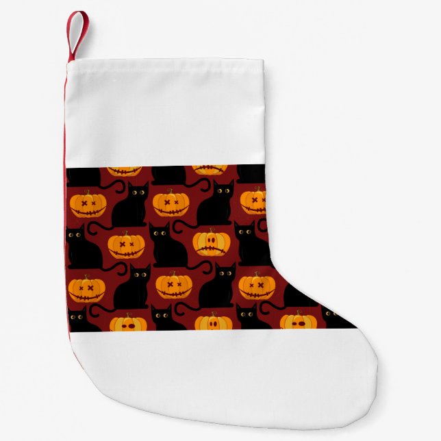Halloween seamless pattern with pumpkins and black small christmas stocking (Front)