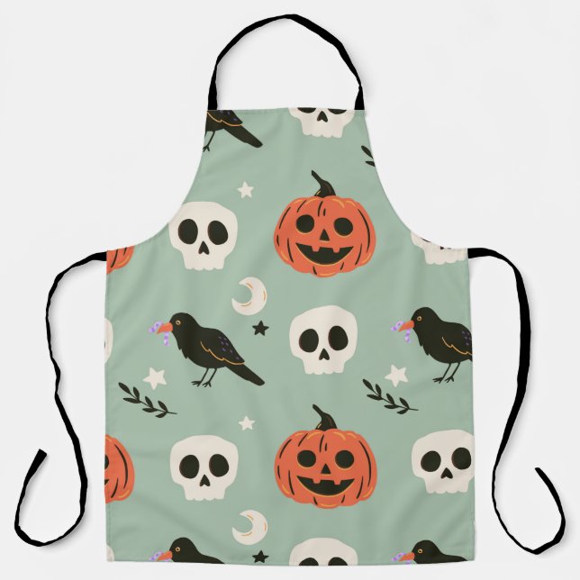Halloween seamless pattern with ravens, skulls and apron (Front)