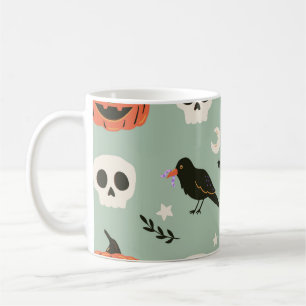 Halloween seamless pattern with ravens, skulls and coffee mug