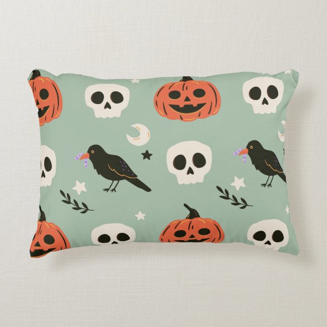 Halloween seamless pattern with ravens, skulls and decorative cushion (Front)