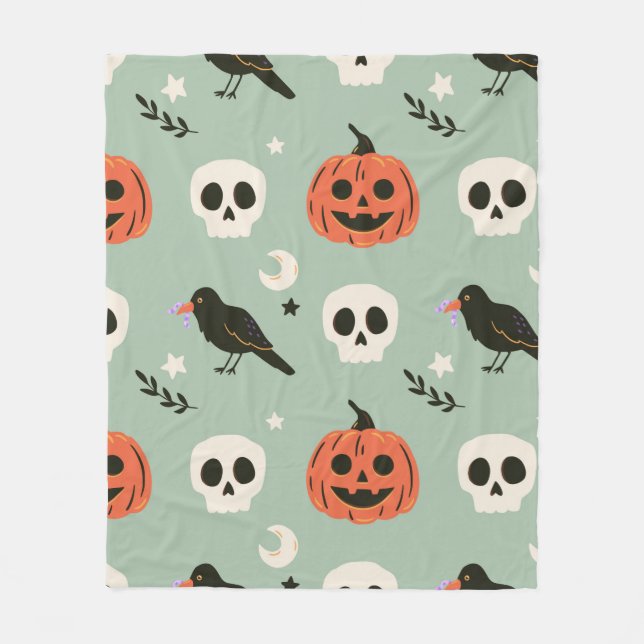 Halloween seamless pattern with ravens, skulls and fleece blanket (Front)