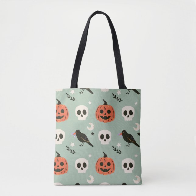 Halloween seamless pattern with ravens, skulls and tote bag (Front)