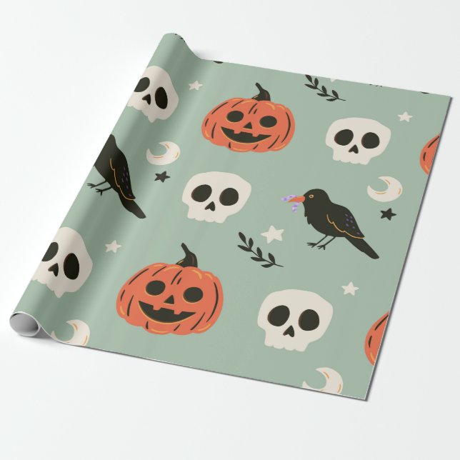Halloween seamless pattern with ravens, skulls and wrapping paper (Unrolled)