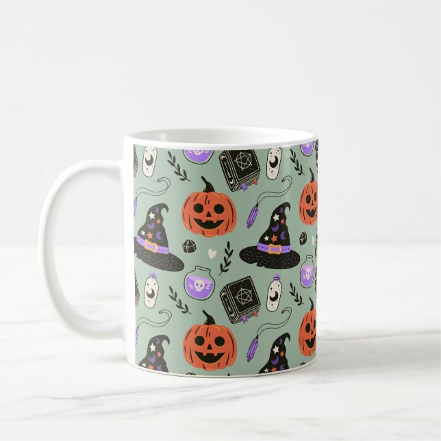 Halloween seamless pattern with witch hat,pumpkin  coffee mug (Left)