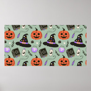 Halloween seamless pattern with witch hat,pumpkin poster