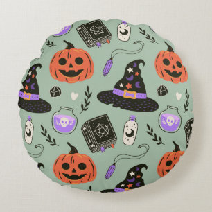 Halloween seamless pattern with witch hat,pumpkin round cushion