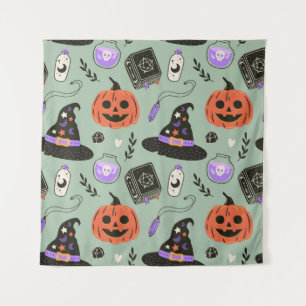 Halloween seamless pattern with witch hat,pumpkin tapestry