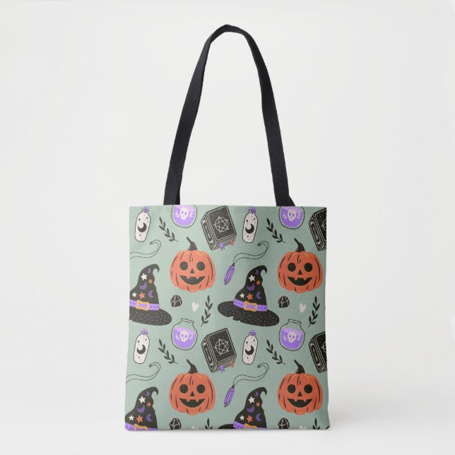 Halloween seamless pattern with witch hat,pumpkin  tote bag (Front)