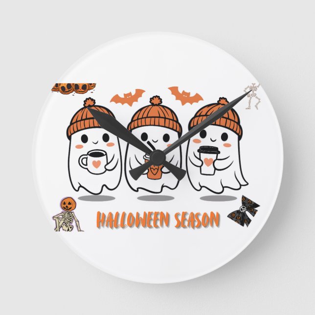 Halloween season – cute coffee ghosts round clock (Front)