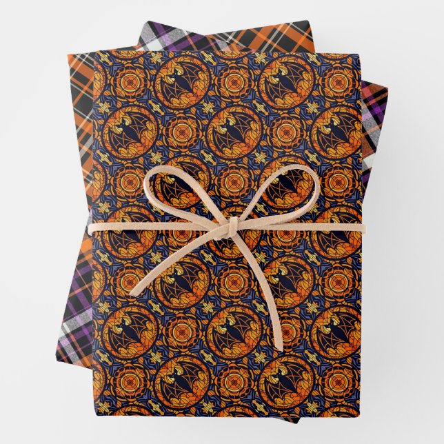 Halloween Set 2: Bat & Two Plaid Patterns Wrapping Paper Sheet (In situ)