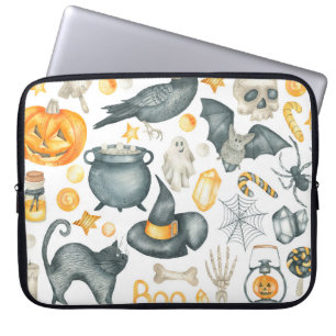 Halloween set: bat, black cat, spider, black crow laptop sleeve