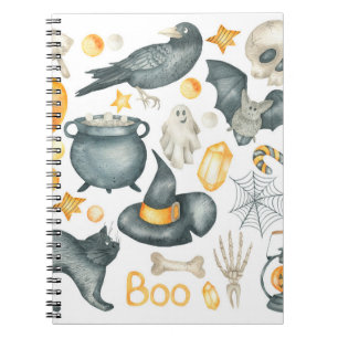 Halloween set: bat, black cat, spider, black crow  notebook