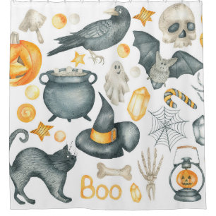 Halloween set: bat, black cat, spider, black crow  shower curtain