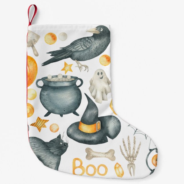 Halloween set: bat, black cat, spider, black crow  small christmas stocking (Front)