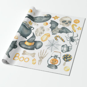 Halloween set: bat, black cat, spider, black crow wrapping paper