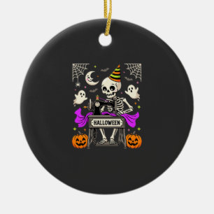 Halloween Sewing Skeleton Spooky Ghost Pumpkin Sew Ceramic Ornament