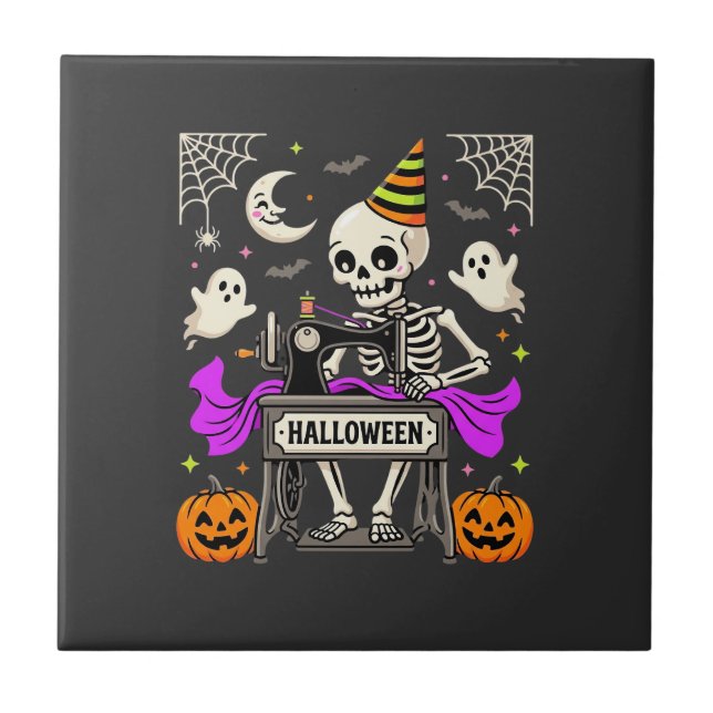 Halloween Sewing Skeleton Spooky Ghost Pumpkin Sew Ceramic Tile (Front)