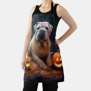 Halloween Shar Pei With Pumpkins Scary Apron
