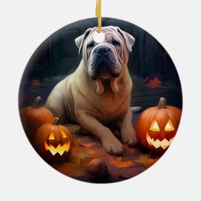 Halloween Shar Pei With Pumpkins Scary Ceramic Ornament (Back)